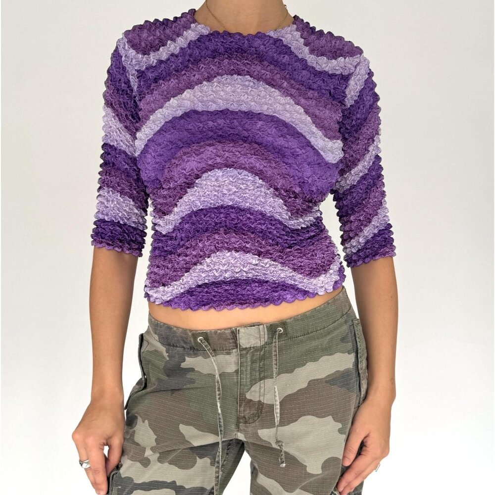 90s Y2K vintage purple abstract swirl print popcorn top cropped bubble blouse